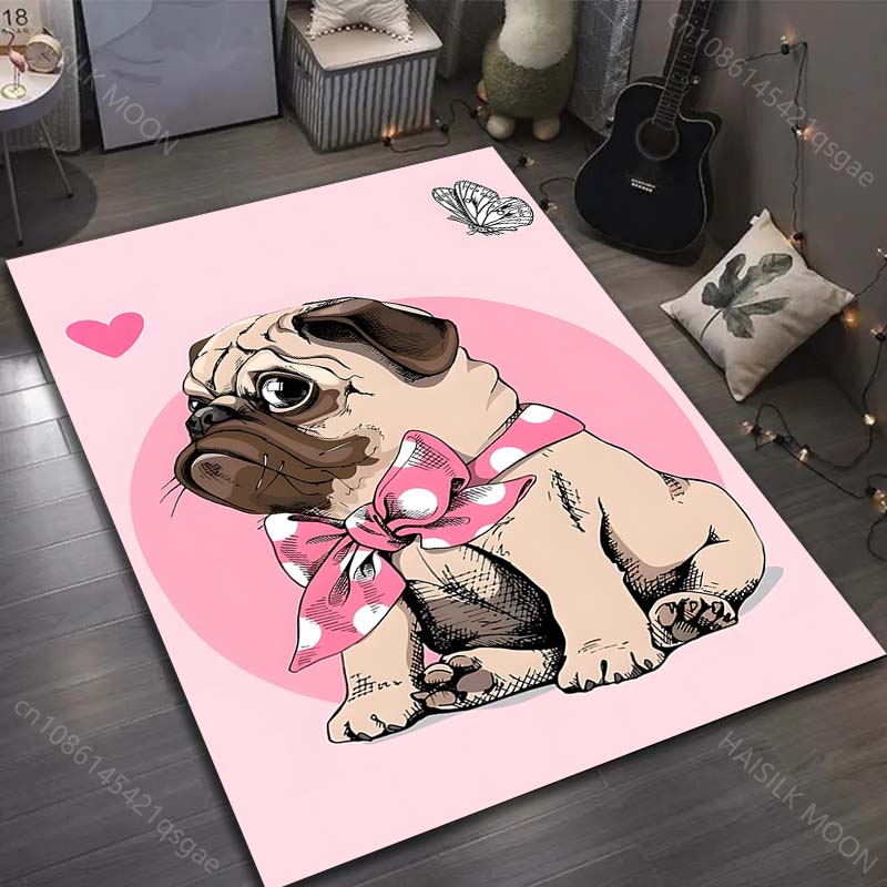 17 Stile Niedlicher Mops-Druck Teppich für Wohnzimmer Schlafzimmer Sofa Fußmatte Heimdekor Bereichsteppich Rutschfeste Bodenmatte Große Größe