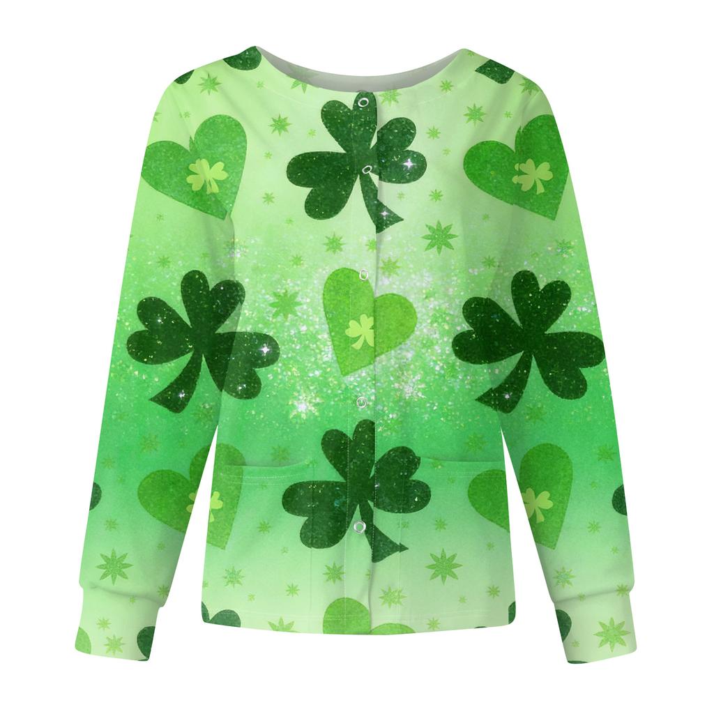 Damen Casual Mode Langarm Stehkragen Einreiher St. Patrick's Day Print Arbeitsjacke Tops