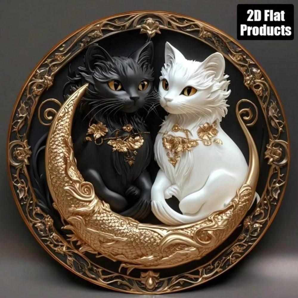 Circular Black & White Cat Wall Art Plaque – Decor for Bars, Kitchens, Cafés, Bedrooms, Living Rooms & Offices