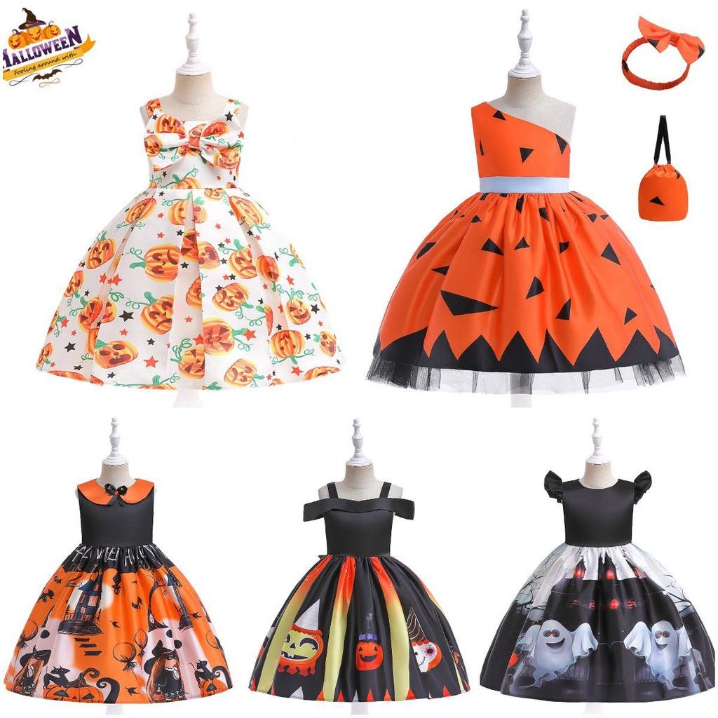 Silky And High Quality Halloween Costume Dress With Pumpkin Bag For Children