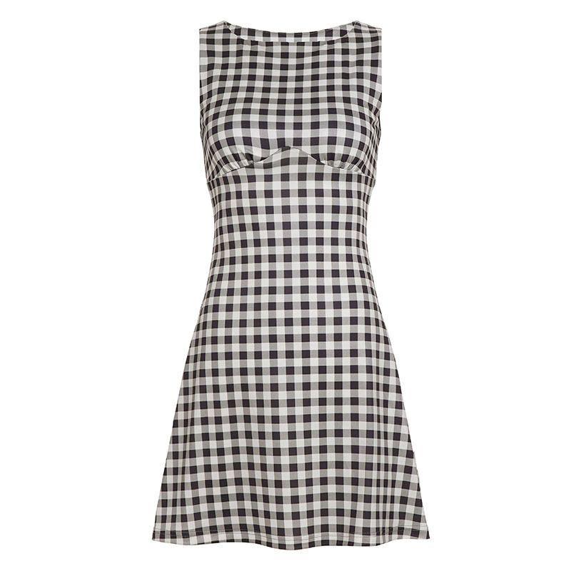

American Retro Casual Fashion Hot Girl Sleeveless Dress Women s Plaid Fashion Lace-Up Waist A-Line Skirt Short Skirt Summer Brown S