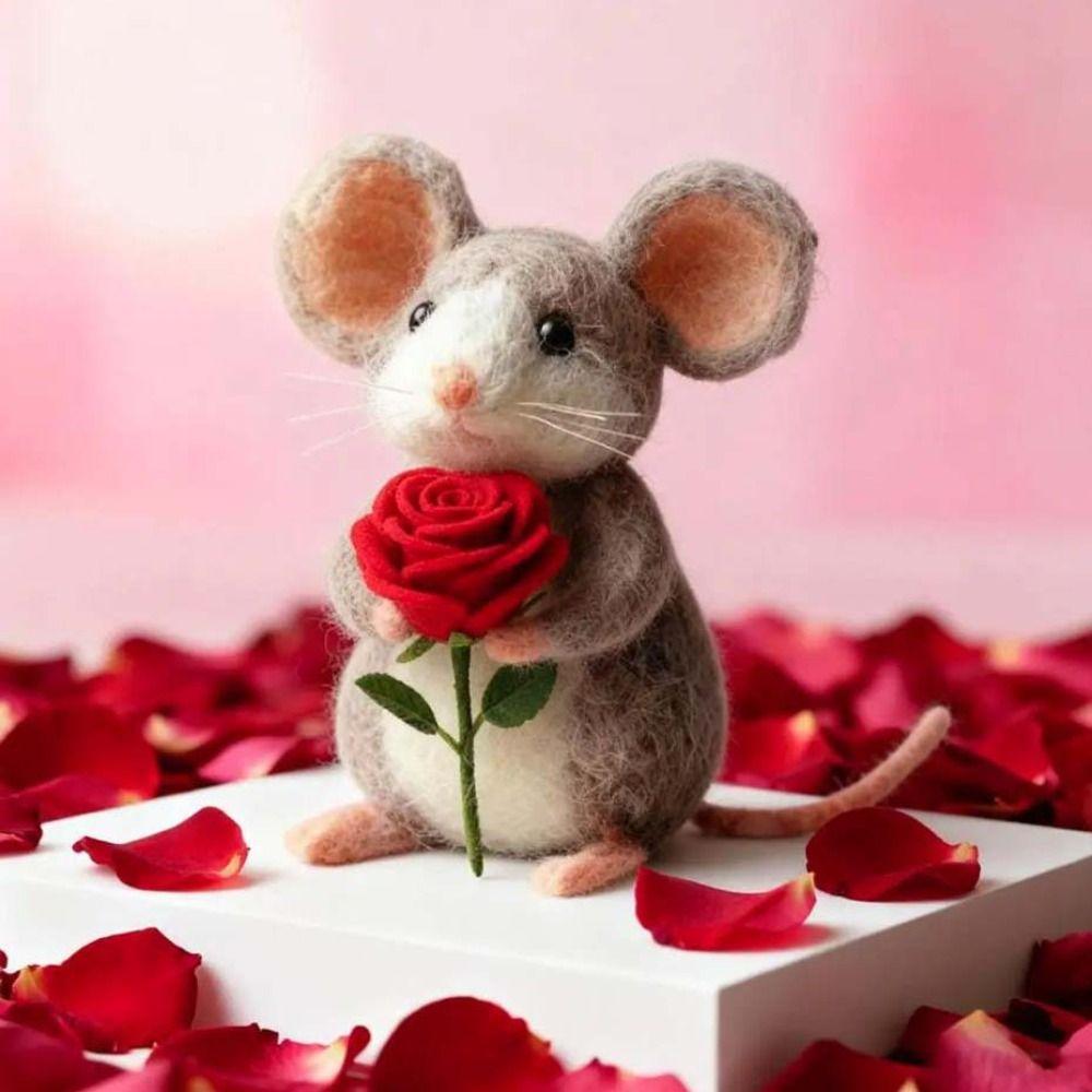 Ručně vyráběná plstěná myš na Valentýna Vlněná plst Mini velikost Myší ozdoby Zvířecí řemesla Bílá barva Valentýnská dekorace