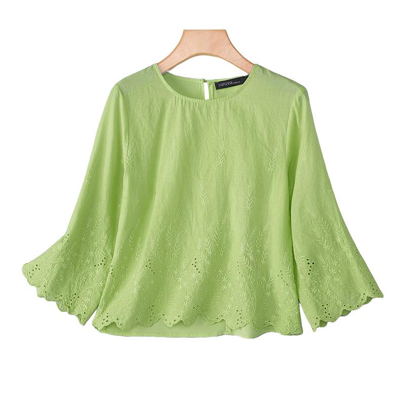 ZANZEA Bluză de damă casual cu broderie, dantelă patchwork, largă, cu gât rotund și mâneci 3/4