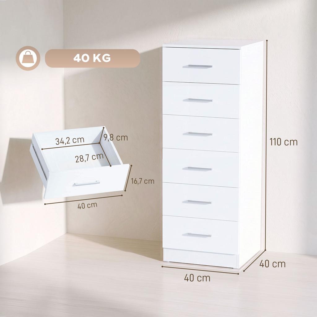 6 Drawer Dresser Tall Chest Of Drawers For Bedroom With Anti Tip 40x40x110 Cm White