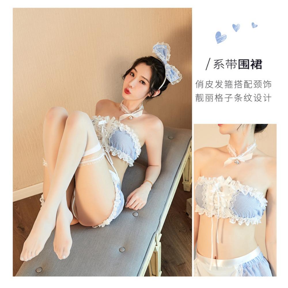New Sexy Underwear Female Sexy Blue Grid Maid Maid Dress Slave Uniform Temptation Passion Clothes Set Hair