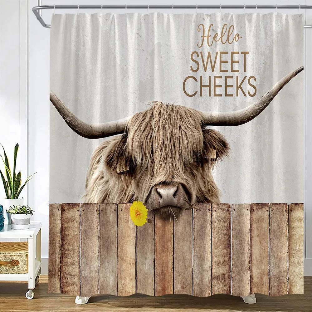 Highland Cow Shower Curtain Rustic Farm Animal Cattle Donkey Pig Chicken Flower Plant Leaves Sunflower Bathroom Decor with Hooks