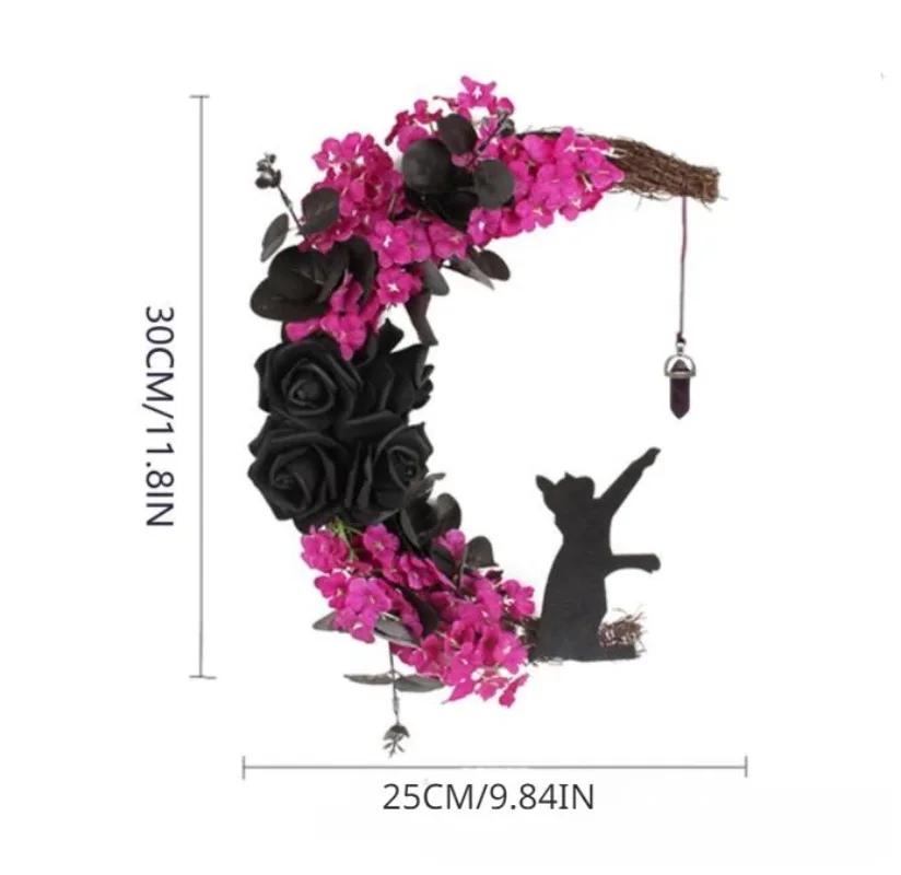 Halloweenská girlanda Měsíční kočka s růžovými a černými dekoracemi Halloweenská girlanda Věnec na vchodové dveře Dekorace na dveře