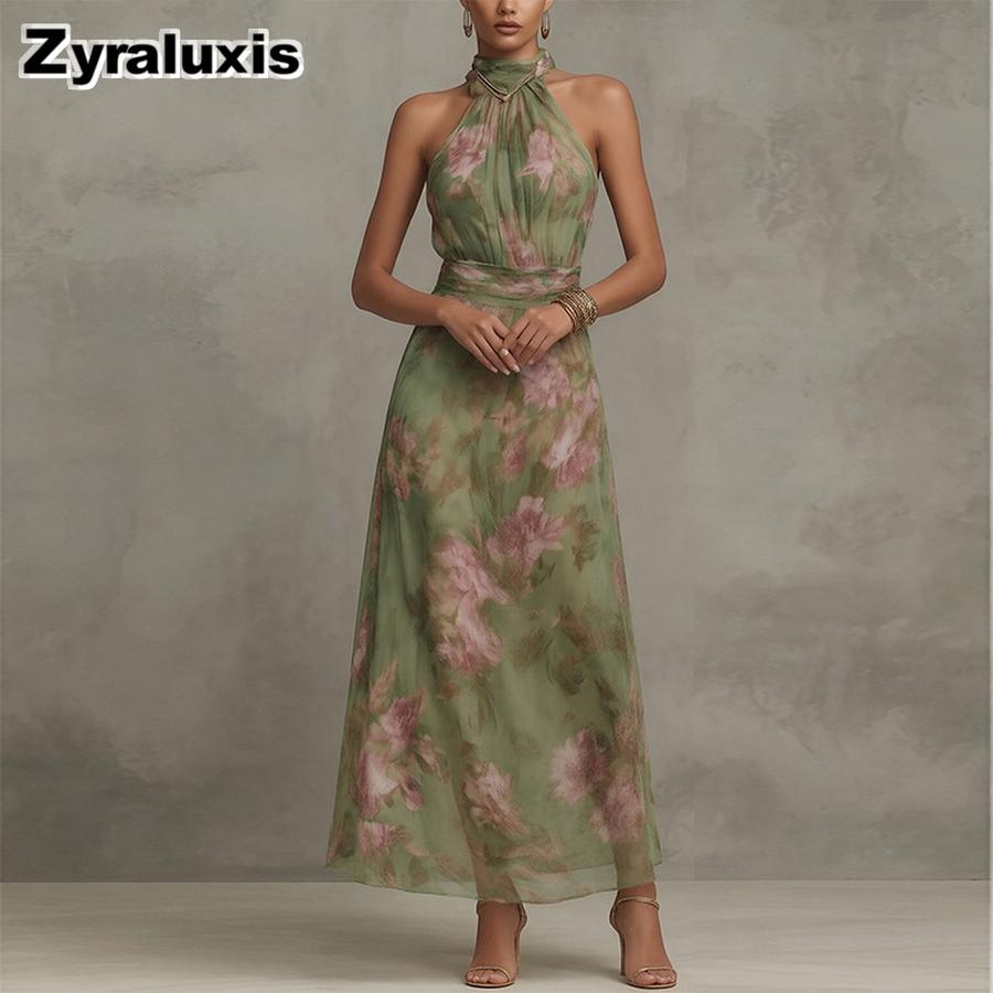 Spring New Women's Dresses Imported Floral Print Maxi Dress with V-Neck Sleeveless