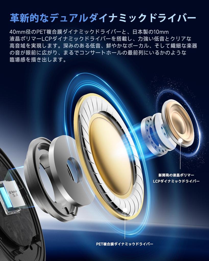 [Vítěz VGP 2025 Zlaté ocenění] Bezdrátová sluchátka EarFun Tune Pro, Bluetooth 5.4, [40mm + 10mm Duální měniče], Bezdrátová & USB-C & Kabelová AUX