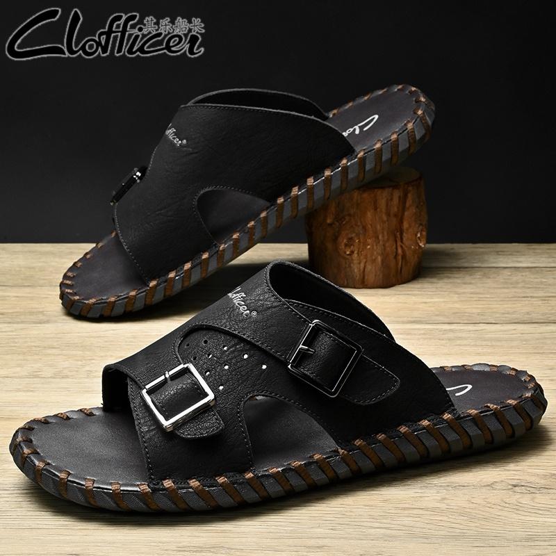 

Fashion Men s Slippers Leather Fashion Flats Men Summer Non-Slip Casual Straight Slippers Unique Leather Half Drag Outdoor Walking Shoes 44 чёрный