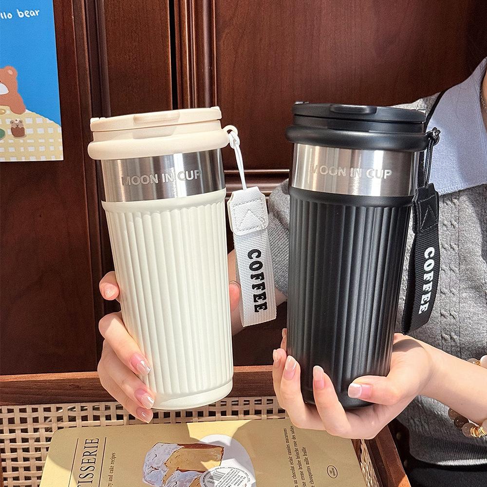 Striped Coffee Thermos Cup Portable Stainless Steel Coffee Cup Going Out Straw Water Cup Women's New High-value Cup