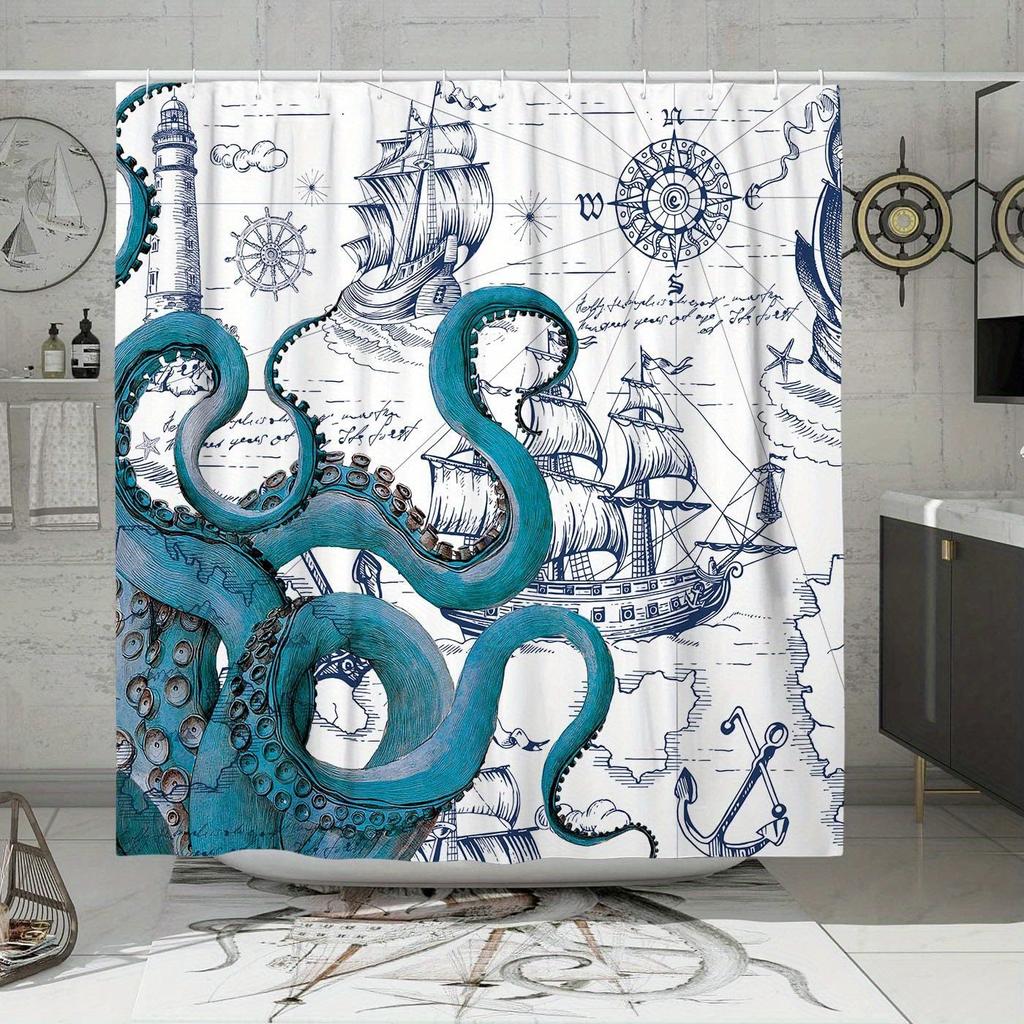 1 Nautischer Oktopus Badezimmer Duschvorhang - Lebendiges Blau Küstendesign Mit Segelboot Und Kompass, Polyestergewebe