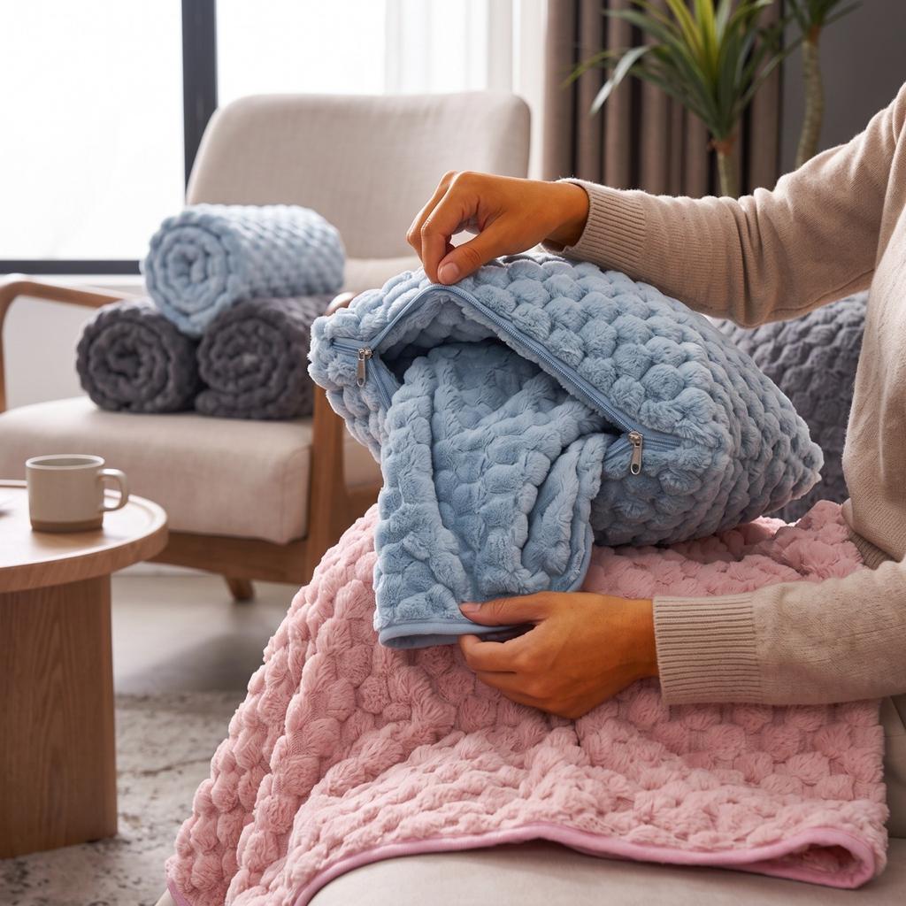 Flannel Blanket 2-in-1 Travel Throw, Soft Plush Wrap for Home, Car, Airplane, 90140 cm (3555 Inch)