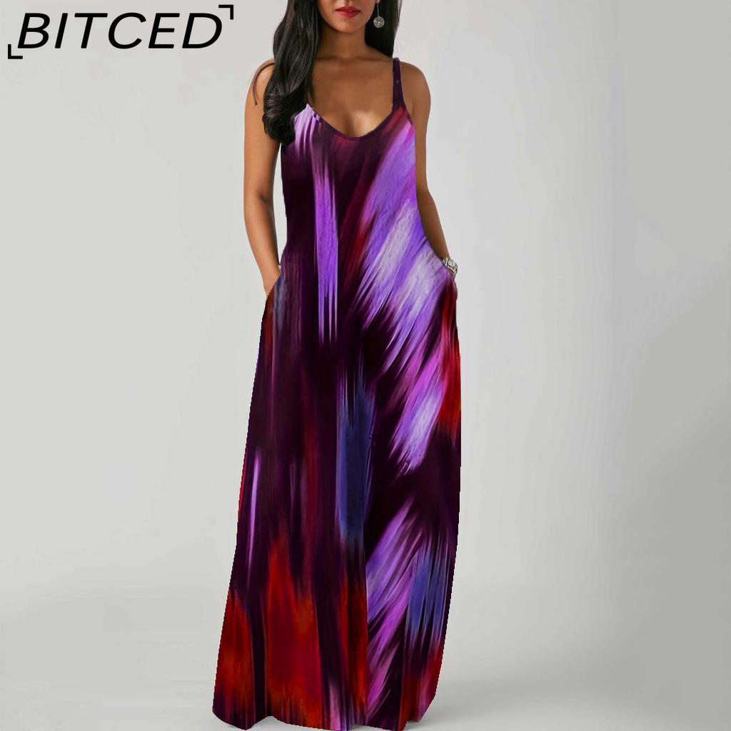 BITCED Elegant Fashion Floor Length Sleeveless V Neck Simple Women Summer Retro Printed Loose Waist Straight Dress