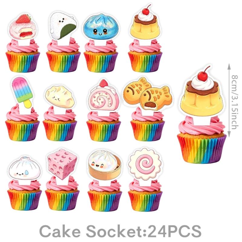 Birthday Party Supplies with Cartoon Food Characters and Happy Birthday Art for Table Arrangements and Hanging Displays
