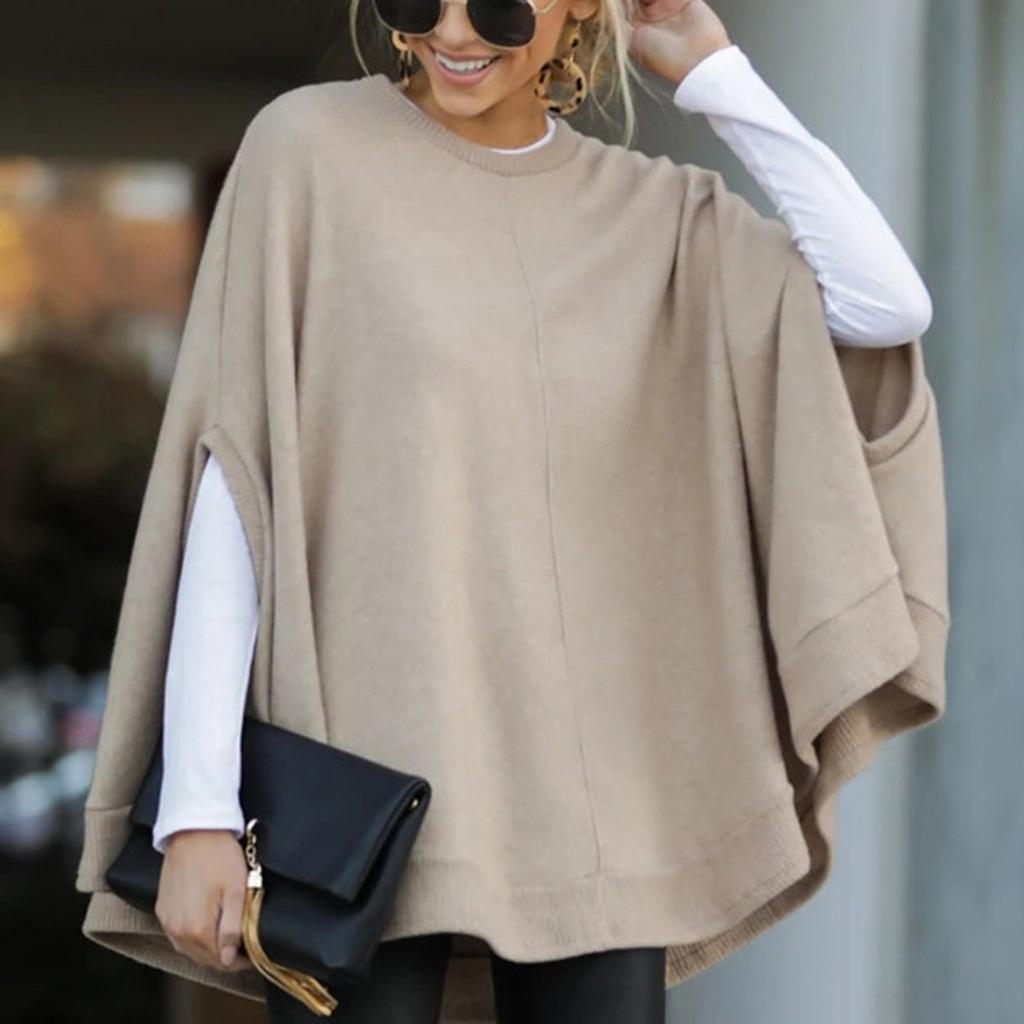 Women Fashion Solid Color Print Loose Hooded  Sleeve Splitter Long Sleeve Top