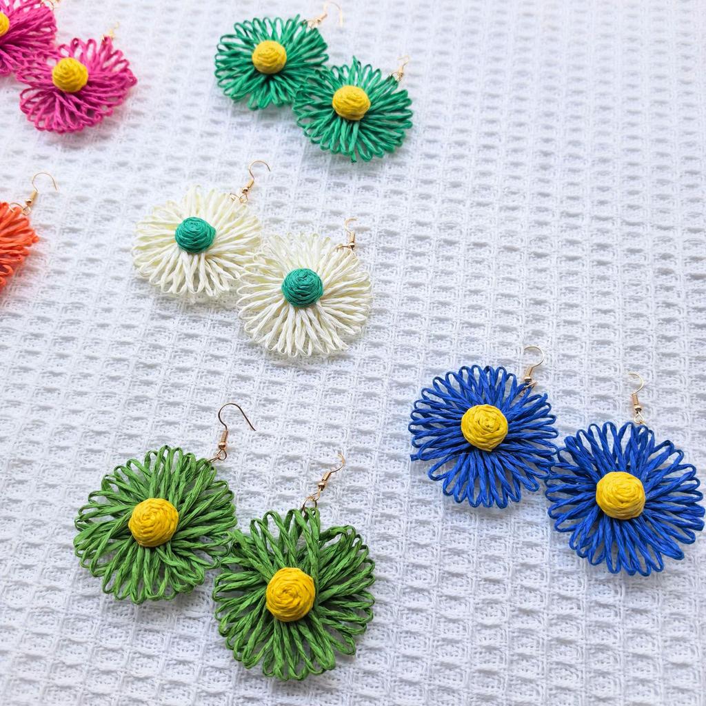 Bohemian Raffia Woven Flower Earrings & Brooches