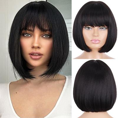 Extension de Perruque Bob Courte Droite Synthétique avec Frange Aspect Naturel Fibre Résistante à la Chaleur Pour Femmes Élégantes Usage Quotidien