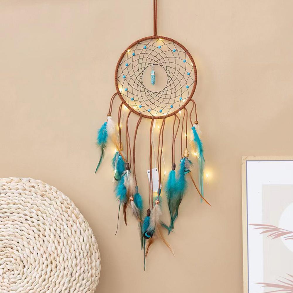 Energy Stone Pendant Feather Dream Catcher Hanging Decor Home Wall Ornament with LED Light Strip
