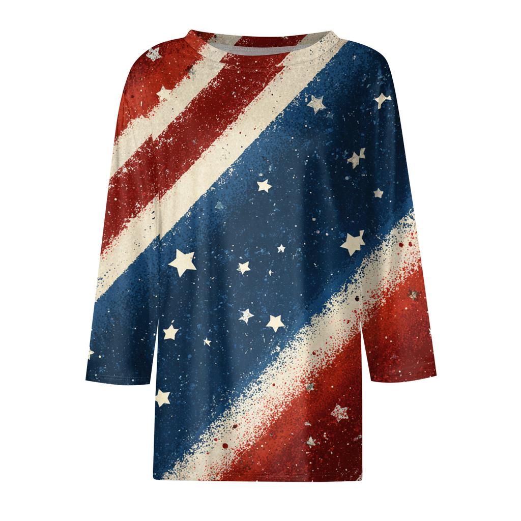 Women's Fashion Casual Seven-Sleeve Independence Day Print Round Neck Top
