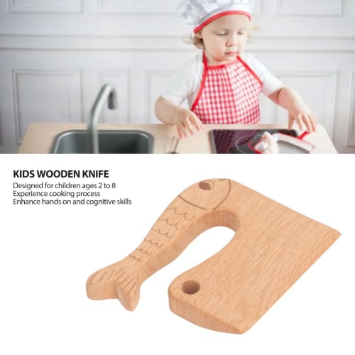 Children's Wooden Knife, Beech, Healthy Gift, Safe Kitchen Knife, Improves Vegetable and Fruit Cognition Skills, Ages 2-8 (Fish Pattern), BROLEOf2ug5s