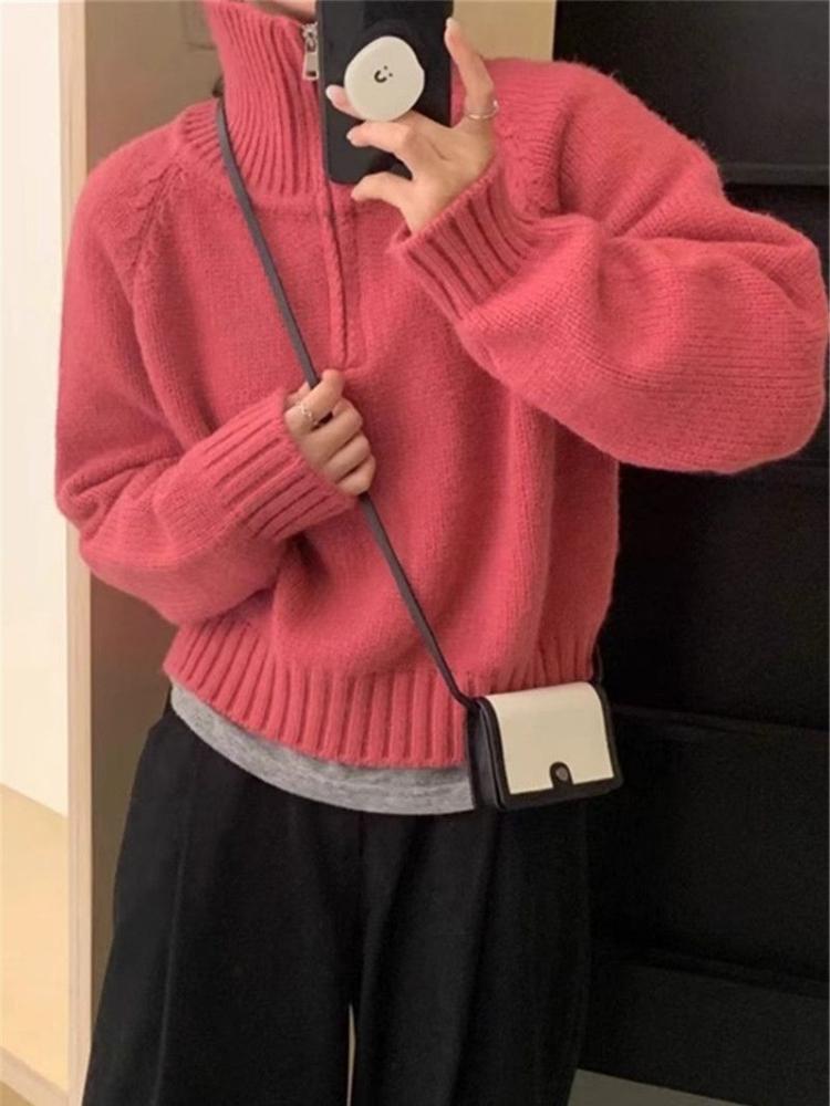 Дизайнерский свитер с полумолнией и лацканами, женский осенне-зимний новый корейский свитер со стоячим воротником, свободный, для ношения на улице XL розы красного