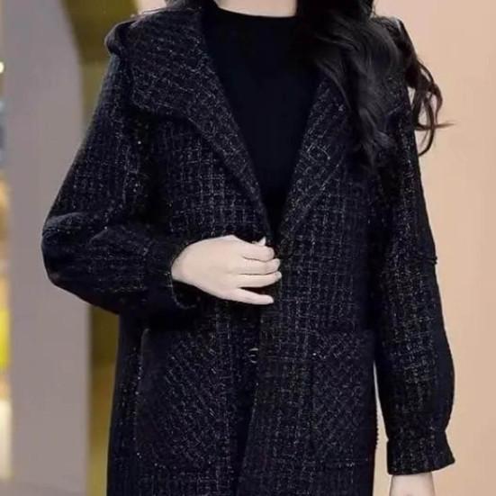 Palton de Lână Toamnă Iarnă pentru Damă, cu buzunare laterale, cu glugă, la un singur piept, carouri largi