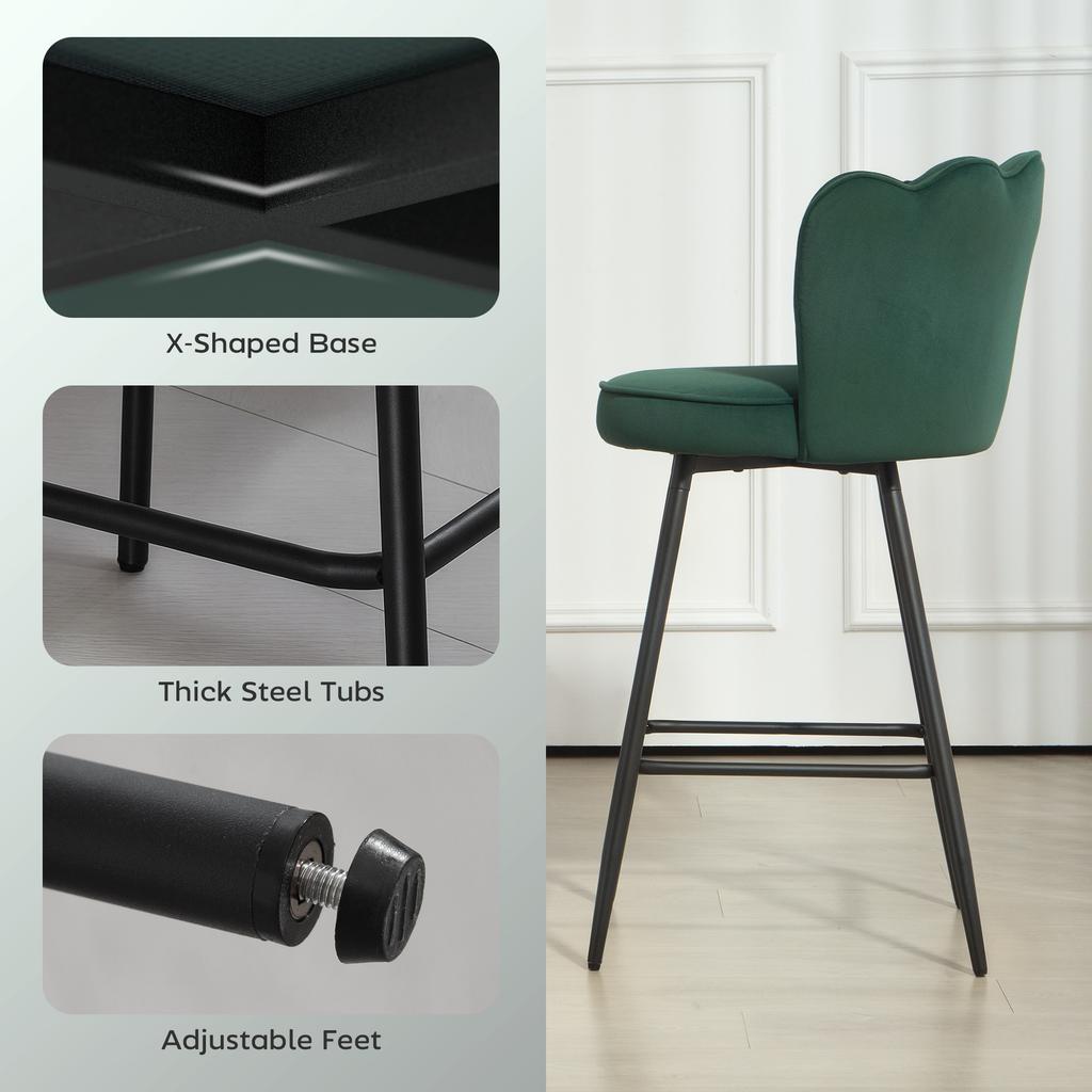 Set of Two Velvet-Feel Lotus Bar Stools - Dark Green