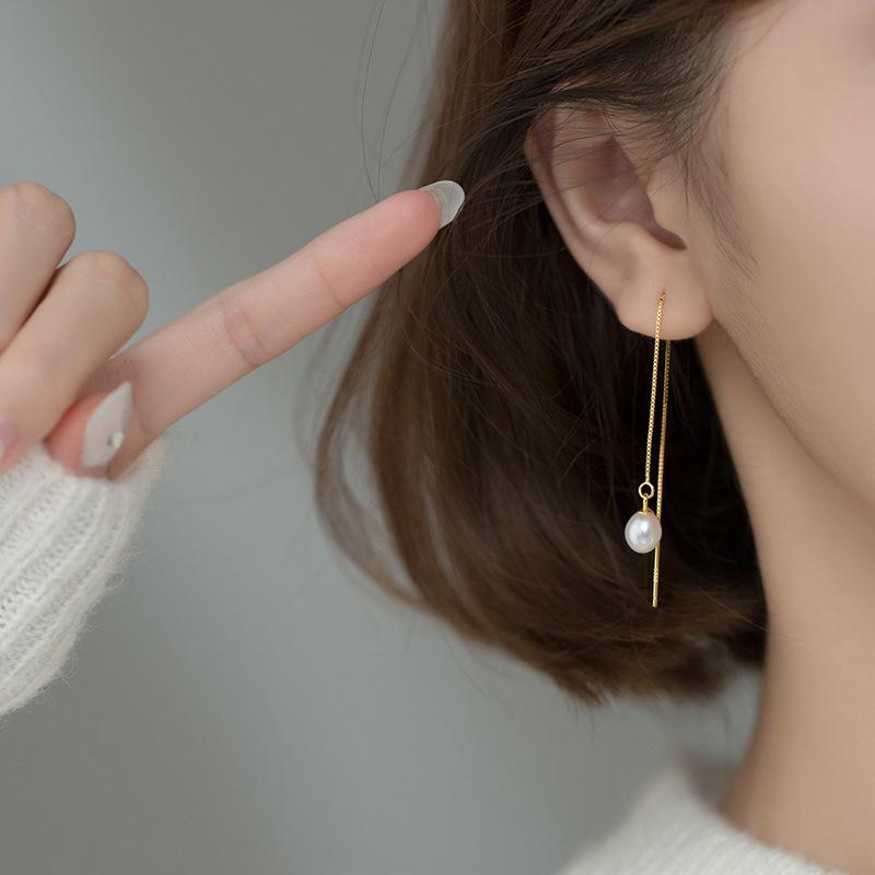 Fashion Jewelry 925 Sterling Silver Long Earrings Natural Pearl Long Chain Tassel Gold Plated Stud Earrings Ear Line for Women