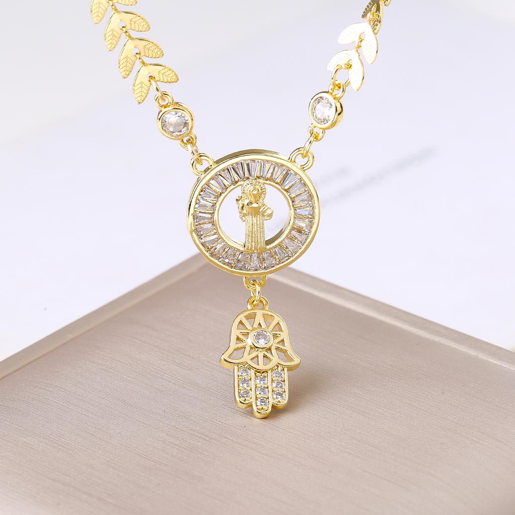 Our Lady of Guadalupe Hamsa Hand Stainless Steel Chain Necklace Gold Plated Zircon Religious Zircon for Women Charm Amulet Gift