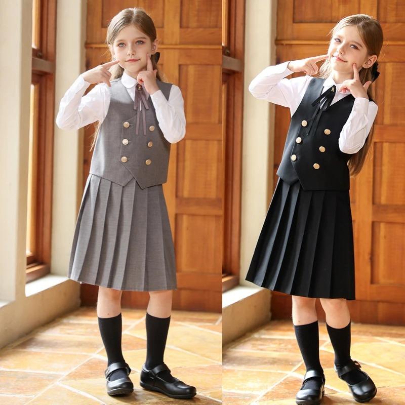Anti-wrinkle Kids Girls Pleated Skirt Solid Color Midi Length Preppy Style Versatile Casual School Skirt for Girls Daily Wear