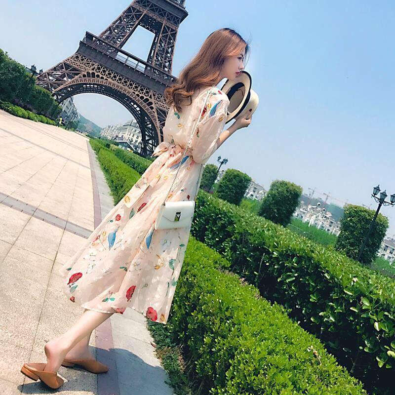 

Korean Style Printed Chiffon Midi Dress - Gentle & Slimming Summer Wear for Women Small