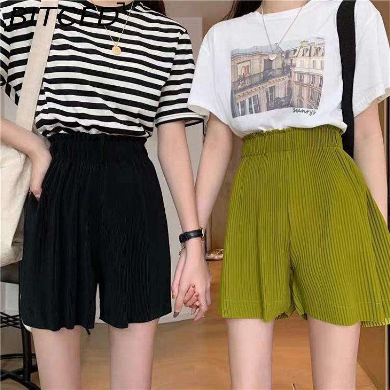 BITCED Pleated Shorts for Women Spring/Summer Casual Cropped Trousers High-Waisted Loose-Fit Flattering Straight-Leg Wide-Leg Trousers