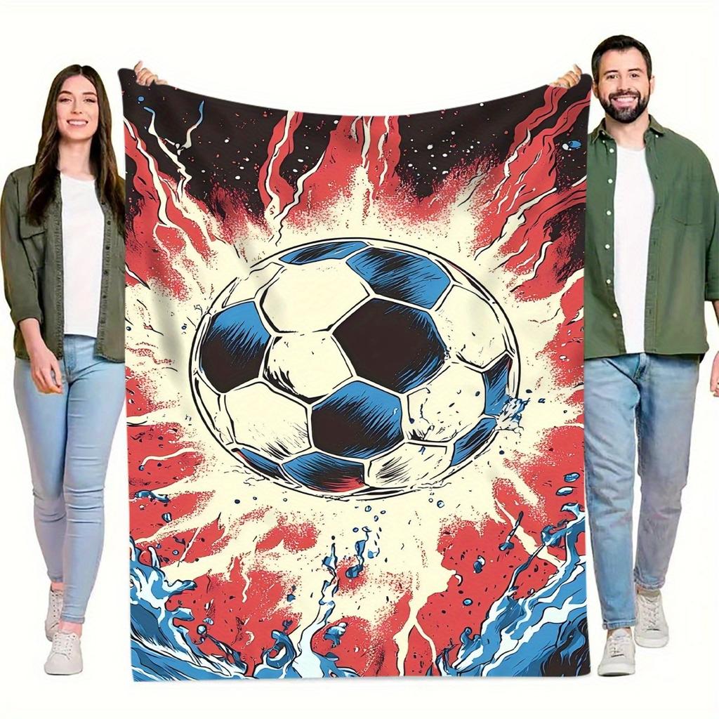 1pc Soccer Explosion Digital Printed Design Blanket - All-Season Soft Flannel Throw with Vibrant Soccer Ball & Flames Print,