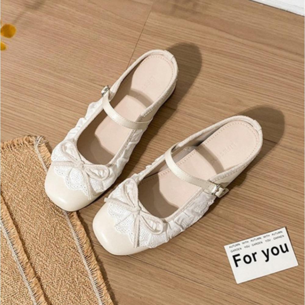 Flats Women's 2025 French Retro Lace Mary Jane Shoes Spring/summer New Shallow Mouth Inner Height Increase Half Drag Women Shoes