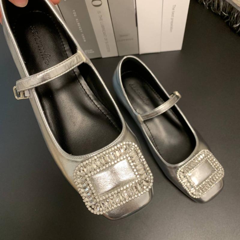 Liten invändig höjdökning 5CM enkelsskor dam silver enordsspänne rem medelhög klack Mary Jane-skor strass högklackade skor