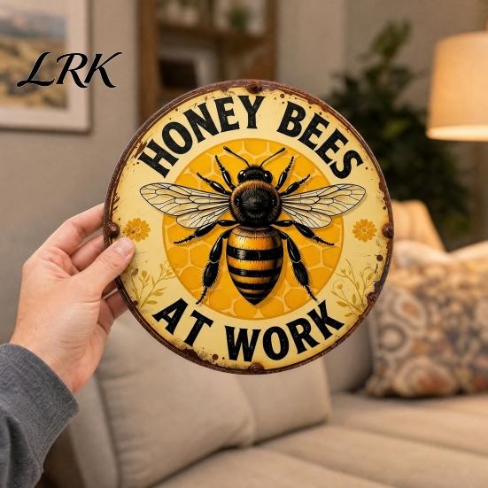 Easy Hang Metal Sign Honey Bee Round Sign, Bees at Work Retro Wall Hanging Plaque Decor for Cafe Bar Pub Home Art Walls