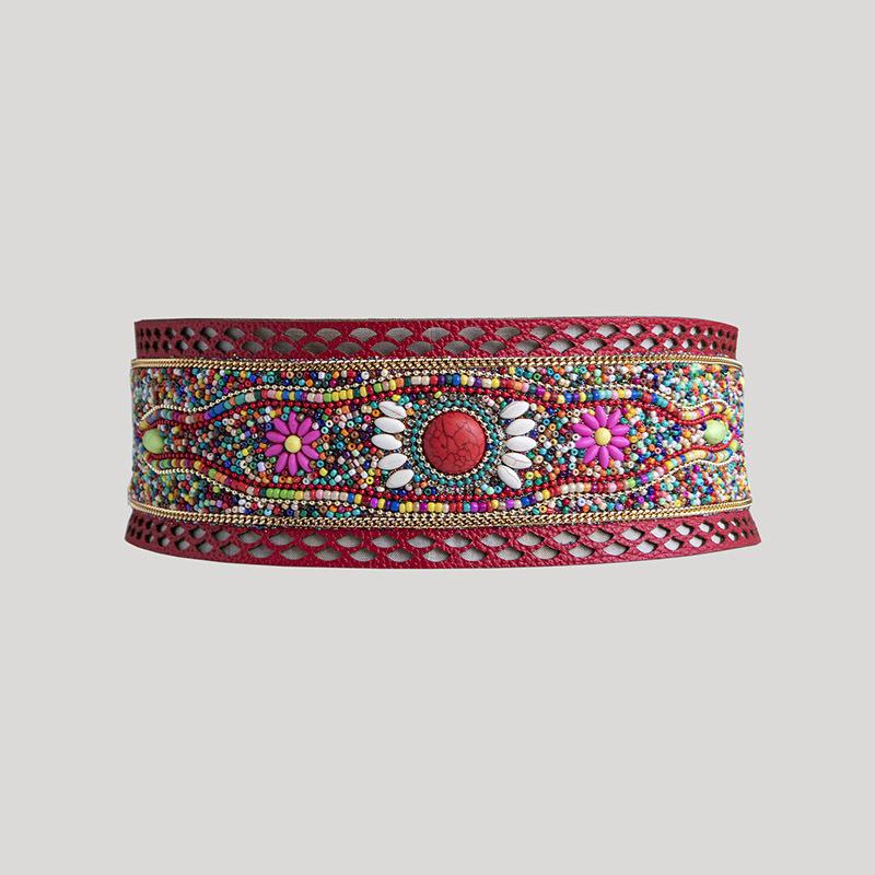Boho Style Heavy Industry Turquoise Hollow Ethnic Style Pattern Elastic Ethnic Style Yunnan Travel Photo Elastic Tight Women's Waist Seal