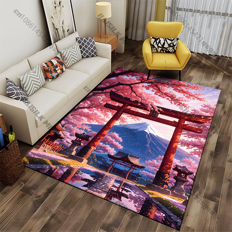 Serene Temple Cherry Blossoms Carpet Yoga Living Room Room Decor Children's Crawling Mat Doormat Area Rug Games Mat