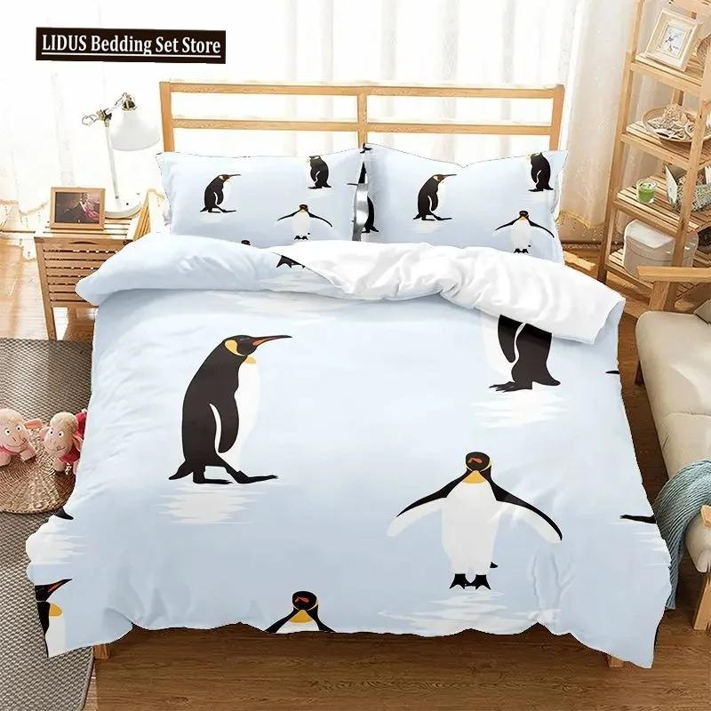 Cartoon Penguin Duvet Cover Set For Boys Girl Animated Antarctic Animal Polyester Quilt Cover White Black King Queen Size