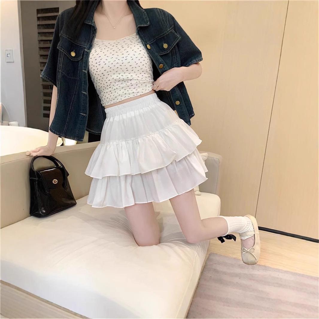 

French Sweet Versatile High-Waist Midi Ruffle A-Line Skirt for Women - Slimming Petite Spring Style XL [60-65 kg]