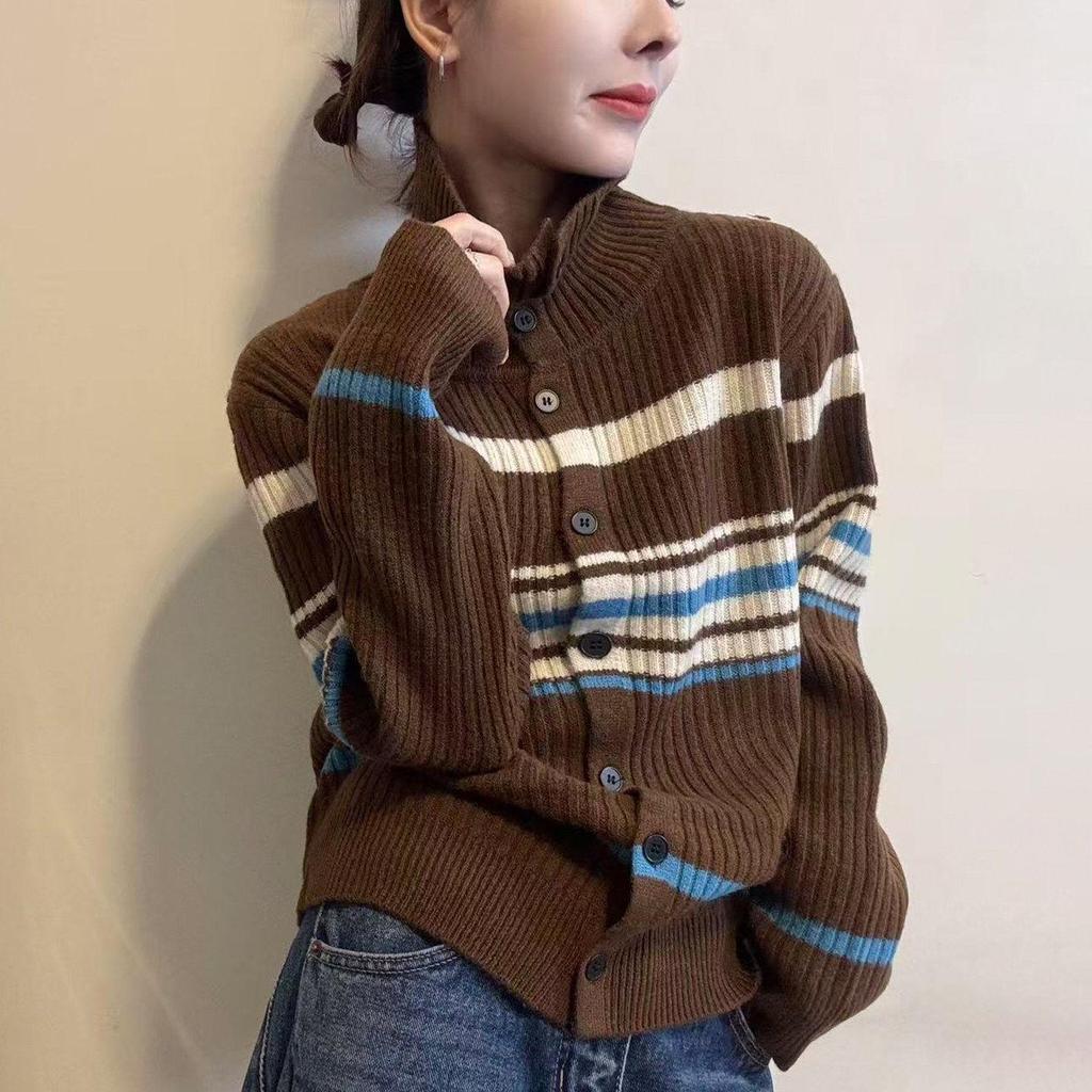Plus-Size Women's High-Neck Striped Knit Cardigan Sweater for Autumn/Winter, Loose Fit, Wear as Inner or Outer Layer