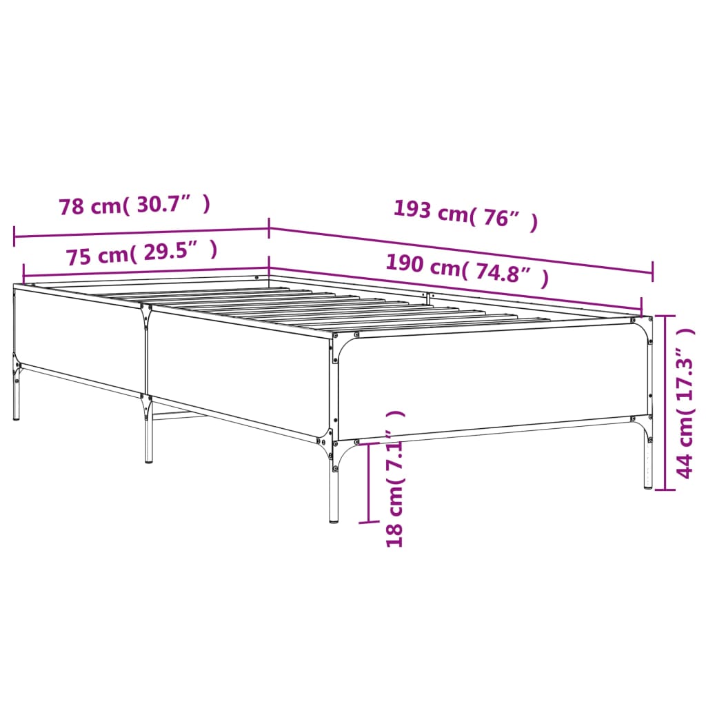 Bed Frame Grey Sonoma 75 x 190 cm Particleboard and Metal