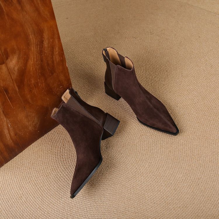 Brown Chelsea Boots Women's Pointed Boots Thick Heel Mid Heel Autumn and Winter Zipper Short Boots Fashion Retro Short Boots Versatile