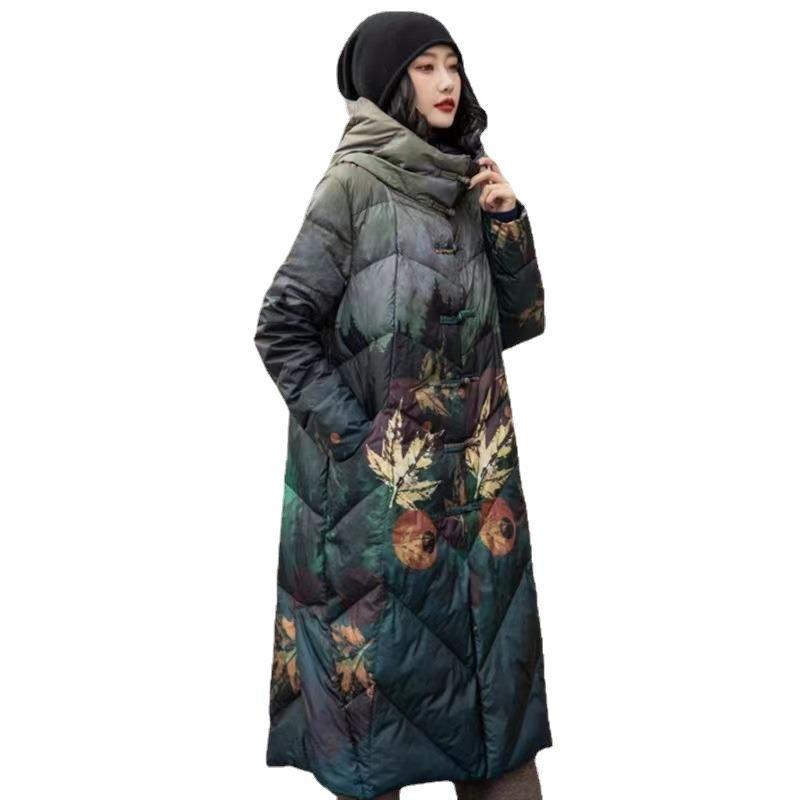 Autumn and winter new Chinese style retro buckle hooded down jacket medium and long knee white duck down fashion coat