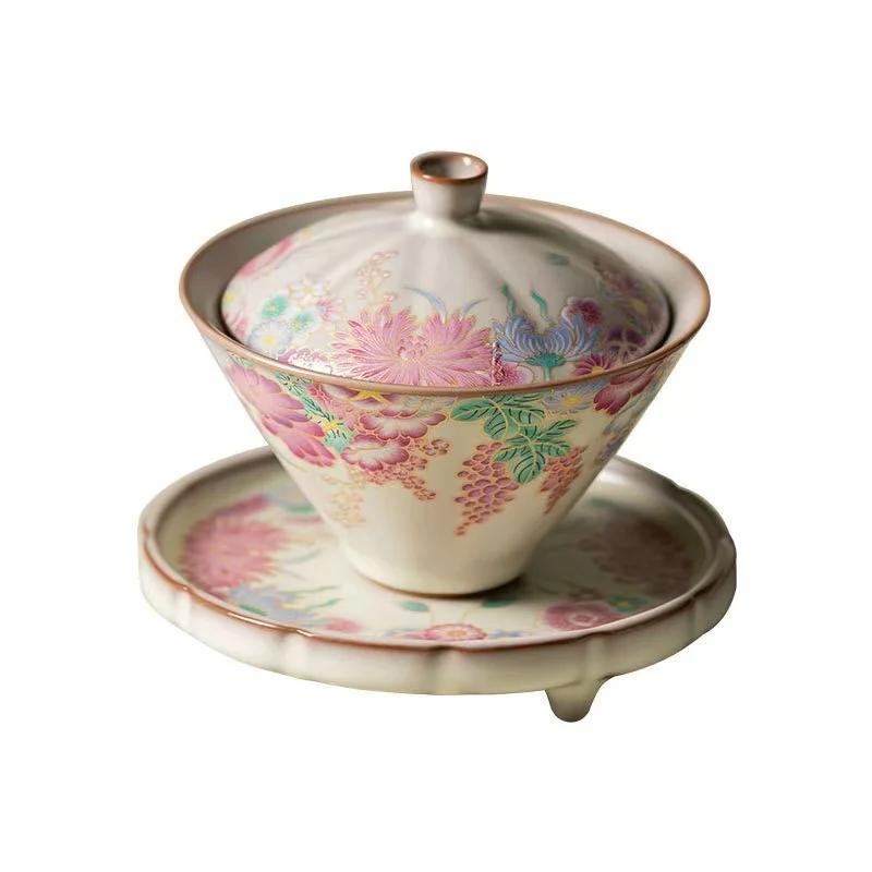 1Pc 125ML Lard Frozen Small Garden Hat Cover Bowl Retro Household Three Talents Tea Bowl Kung Fu TeaSet Ceramic Teacup with Lid