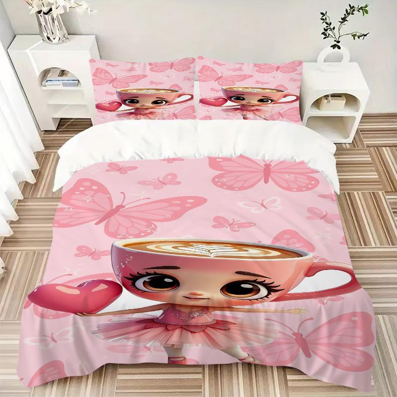 3pcs Pink Butterfly Latte Art Heart Home Decor Bedding Set-Universal Three-Piece Suit for Bedroom, Guest Room, Living Room, Hotel-Perfect Gi