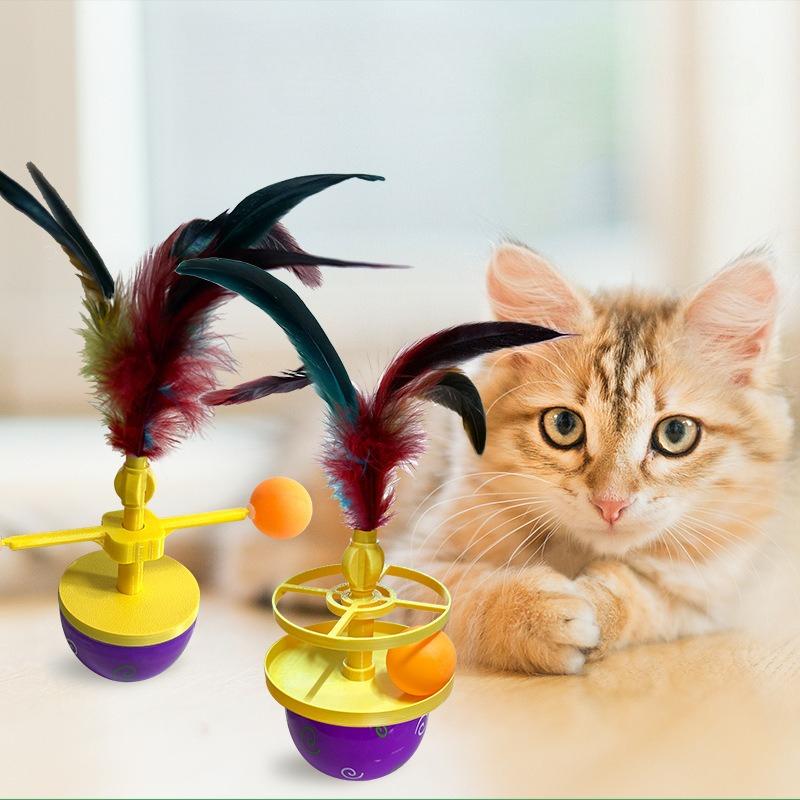 Cat Toy Tumbler Fun Teasing Interactive Feather Kitten Toy Scratching Ball Durable Bite Cat Accessories