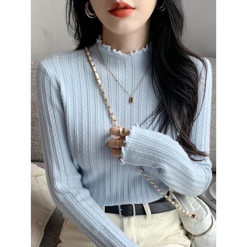 Fresh and fashionable semi-turtleneck fungus edge long-sleeved knitted sweater women's spring age-reducing thin bottoming top