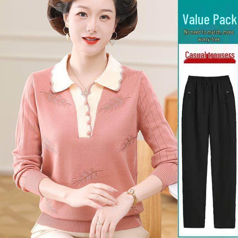 Mamčin jarně-podzimní pletený svetrový set: Volný top s ohrnovacím límcem pro ženy středního věku a starší